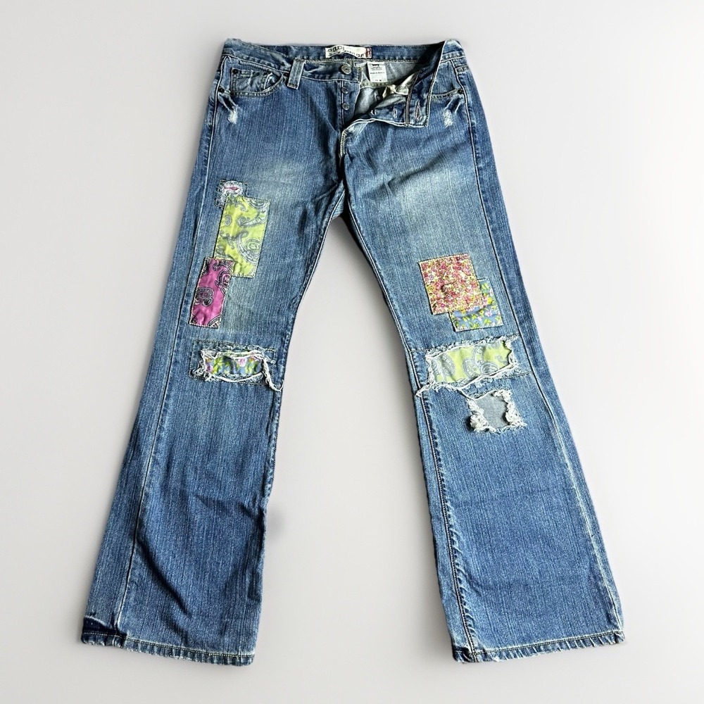 Vintage Levis 513 Slouch Bootcut Womens 11M 35x32 Blue Denim Floral Patchwork
